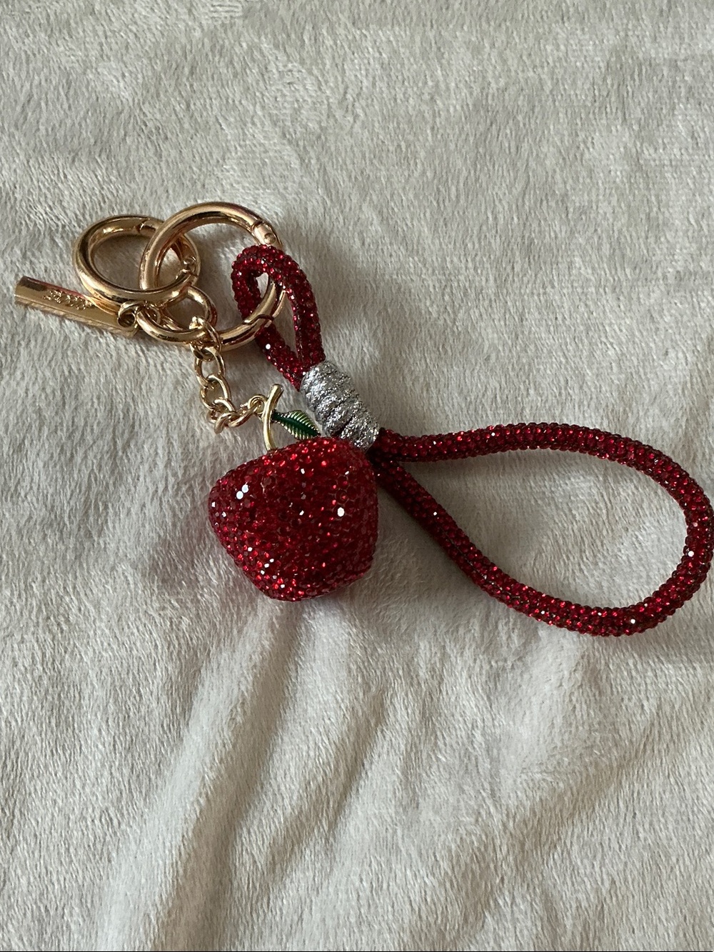 Red Crystal Apple Keychain Bag Charm Wristlet with Gold Hardware. Stunning 🤩